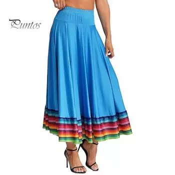 Юбка макси Женская юбка для народных танцев Эластичная талия Испанская юбка для свинга Радужная юбка с широким подолом Мексиканская юбка для выступлений в стиле фламенко XL синий