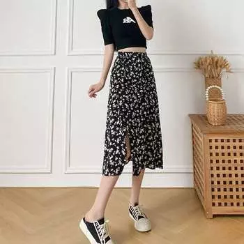 Юбка миди А-силуэта с цветочным принтом для женщин невысокого и высокого роста на лето с узкой талией и покроем от средней до длинной. Маленькая черная юбка с разрезом M
