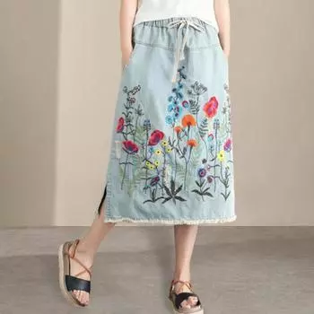 Юбка миди для женщин Yousheng, эластичная резинка на талии, вышитый цветочный узор, джинсовая юбка с карманами, разрезы по бокам, юбка L светло-синий