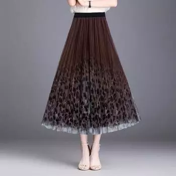 Юбка миди для женщин Yousheng, эластичная юбка А-силуэта с высокой талией, сетчатая пряжа с леопардовым принтом, осенне-зимняя юбка, свободная плиссированная юбка зелёный
