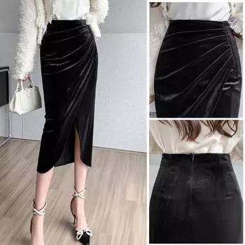 Юбка миди для женщин Yousheng с высокой талией и нестандартным разрезом спереди. Юбка из золотистого бархата. Однотонный дизайн, облегающая ногу юбка. S чёрный