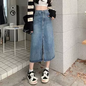 Юбка-миди из денима А-силуэта с высокой талией и разрезом спереди для женщин с грушевидной фигурой L