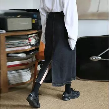 Юбка-миди из денима в стиле ретро в корейском стиле с высокой талией и разрезом для женщин XXL