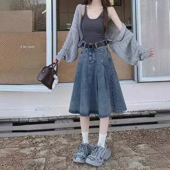 Юбка миди из стираного денима в стиле ретро с высокой талией и складками для женщин Medium