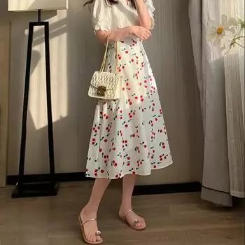 Юбка миди с цветочным принтом, женская летняя юбка А-силуэта с высокой талией, шифоновая юбка средней и длинной длины, студенческая длинная юбка S