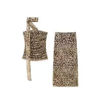 Юбка-миди с леопардовым принтом, комплекты для женщин, комплект из 2 предметов, новинка 2024 года, модные корсеты, топ, женский костюм, комплект из двух предметов, женская одежда S дубильная кора