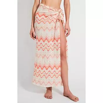 Юбка миди с принтом волн, высоким разрезом и шнуровкой - стиль для пляжного отдыха One Size бежевый