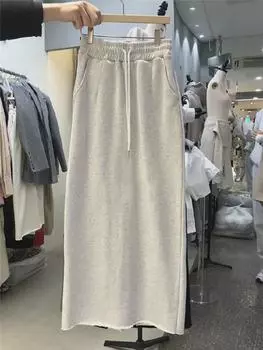 Юбка миди с разрезом Dongdaemun 2025: Эластичный пояс, однотонный, всесезонная мода XXL белый