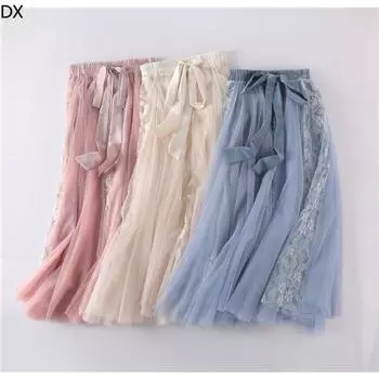 Юбка миди с высокой посадкой и кружевными вставками, женская новая сетчатая юбка на шнуровке с эластичной резинкой на талии One size чёрный