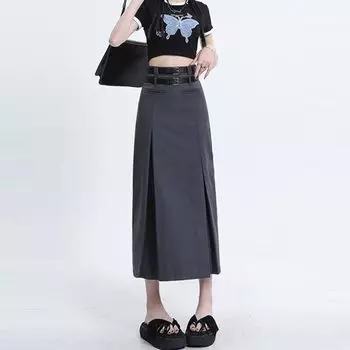 Юбка-миди с высокой талией для женщин, осенняя повседневная плиссированная длинная юбка трапециевидной формы, серая, черная, модная одежда в корейском стиле, женская Y2k S чёрный