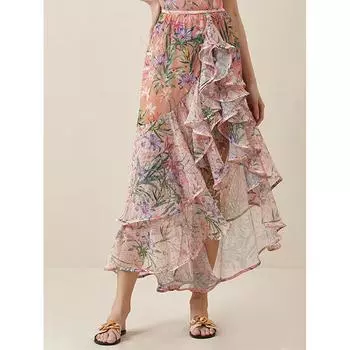 Юбка миди в европейском и американском стиле с цветочным принтом - Многослойная праздничная пляжная одежда Large розовый