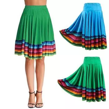 Юбка миди Женская юбка для народных танцев Эластичная юбка с высокой талией Испанская юбка для свинга Радужная юбка с широким подолом Мексиканская юбка для выступлений в стиле фламенко L