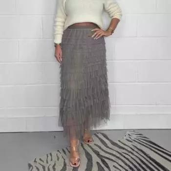 Юбка миди женская Yousheng эластичная с высокой талией многослойная сетчатая пряжа длинная юбка однотонная утягивающая универсальная юбка S чёрный