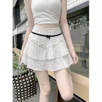 Юбка мини-юбка балетного стиля с высокой талией для женщин, летние милые юбки А-силуэта с бантом в горошек S белый