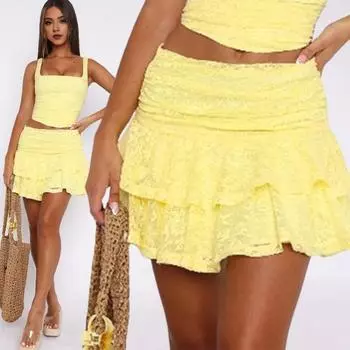 Юбка мини-юбка Yousheng Lace с сексуальным оборчатым подолом, с низкой посадкой, плиссированная струящаяся короткая юбка, однотонная многослойная юбка-торт, повседневная одежда S красный