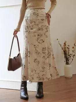 Юбка Mishow для женщин, новинка 2023 года, зимняя вельветовая юбка в корейском стиле с высокой талией и принтом, свободные элегантные длинные юбки для поездок на работу, MXC55B0136 S