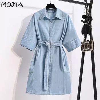 Юбка MOJTA, женская свободная тонкая однобортная рубашка размера плюс, джинсовая юбка с рукавами три четверти с лацканами 2XL синий