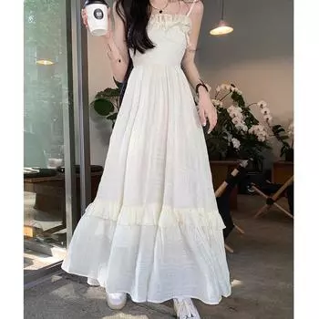 Юбка на подтяжках с оборками абрикосового цвета, летняя коллекция 2025 года, с регулируемыми бретелями и шифоновой подкладкой M (90-105 cm)