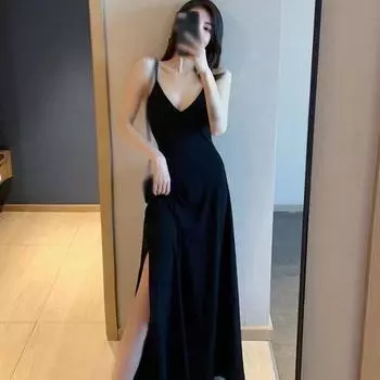 Юбка на подтяжках с тонким плечевым ремнем и v-образным вырезом, однотонное тонкое длинное женское платье с бретельками 3XL