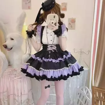 Юбка на подтяжках в стиле милой собачки Лолиты с рубашкой с воротником-стойкой Small