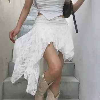 Юбка-плиссе из французского ретро-кружева с неровными слоями L белый