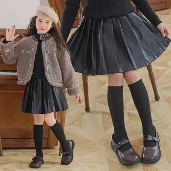 Юбка-плиссе из искусственной кожи для девочек - стиль принцессы в колледже, осень/зима 2024 г. 130 cm