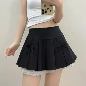 Юбка-плиссе с кружевом для женщин, весна-лето, симпатичная юбка-шорты с бантом, серая, винтажная, корейская, модная, одежда 2000 года S чёрный