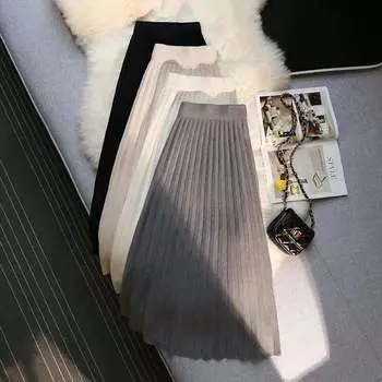 Юбка-плиссе, женская юбка-зонтик, высокая юбка А-силуэта, юбка средней длины, закрывающая пролет, демонстрирующая стройную и маленькую фигуру, трикотажная юбка, One Size чёрный