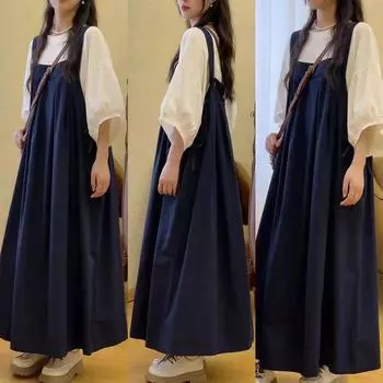 Юбка-подтяжка в стиле ретро Sen Series Plus Size, уменьшающая возраст, женская корейская версия свободного летнего платья-юбки с подтяжками XL синий