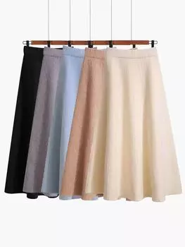 Юбка полудлина для женщин небольшого роста, универсальная вязка, шерсть оверсайз, прикрывающая, облегающая колено, юбка миди А-образного силуэта с большим подолом. One Size хаки