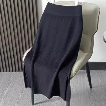 Юбка-полудлинка для осени и зимы, универсальная, с фасоном от средней до длинной и трикотажной юбкой-трубой M чёрный