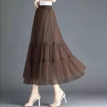 Юбка-полудлинная женская летняя сетчатая юбка юбка-зонтик плиссированная длинная юбка драпированная юбка-слово весна женская маленькая весна и осень пожилая One Size
