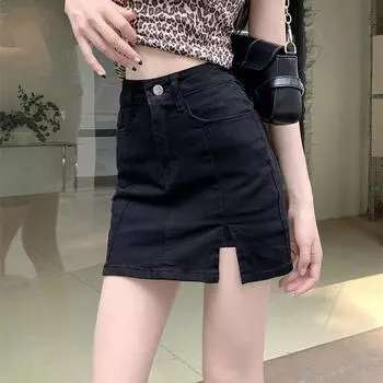 Юбка-полукомбинезон для стройности, черная, эластичная, с открытым дизайном, короткая юбка-трапеция, юбка-брюки, женская летняя модная джинсовая короткая юбка S синий
