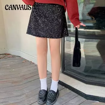 Юбка-полусолнце большого размера для женщин с пайетками, милая классная юбка-трапеция, осенняя юбка-полусолнце с высокой талией XL чёрный