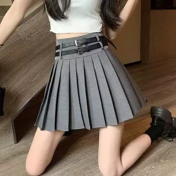 Юбка-полусолнце с двойным поясом, женская, весна-осень, новая серая плиссированная короткая юбка с высокой талией XS