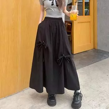 Юбка-полусолнце с французским бантом, женственный темперамент, милая высокая талия, летняя, стройнящая, свисающая, большая юбка средней длины S чёрный