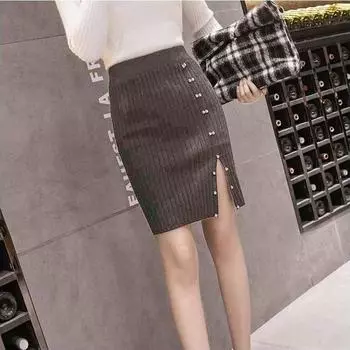 Юбка-полусолнце в осенне-зимней женской одежде с гвоздиками и боковыми разрезами, с высокой талией, облегающая бедра, шерстяная короткая юбка S чёрный