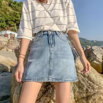 Юбка-полуторка, однотонная, с высокой талией, тонкая, с пакетом, бедра, наряд для путешествий автостопом, для студентов, короткая юбка А-силуэта, Ms. Летняя модная джинсовая короткая юбка S черный серый