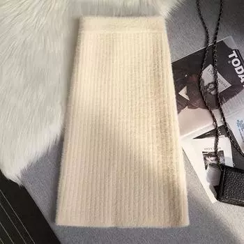 Юбка-полуюбка из искусственного меха норки, осенне-зимняя, утягивающая, трикотажная, короткая, женская, с разрезом, А-силуэта, облегающая бедра, юбка S