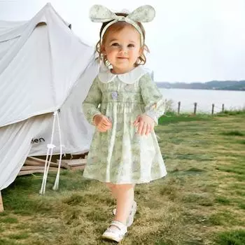 Юбка принцессы с длинными рукавами для девочек, весна 2025 г., с пасторальным узором в виде бабочек 73 cm