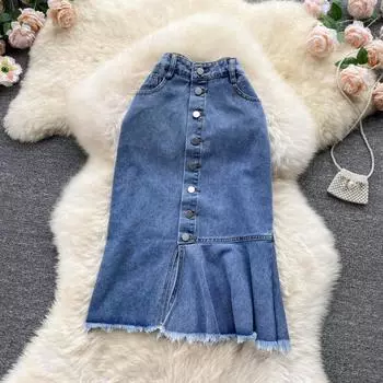 Юбка RUGOD «рыбий хвост», полуюбка, женская джинсовая юбка, новая мода 2022 года, средняя и длинная юбка с разрезом А-образной формы, одноступенчатая юбка с запахом S синий