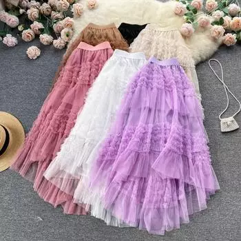 Юбка RUGOD с рюшами в стиле феи, весна-лето, тонкая и длинная сетчатая юбка А-образной формы с высокой талией неправильной формы