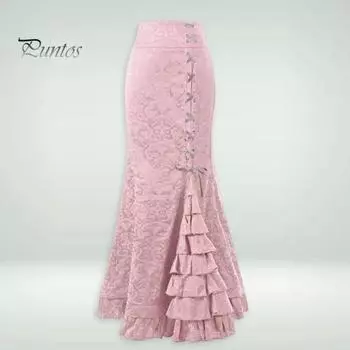 Юбка-русалка для женщин, длинная юбка с высокой талией и перекрестной шнуровкой и рюшами на молнии и подолу, винтажная праздничная одежда в стиле панк и готики L светло-фиолетовый