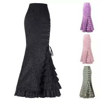 Юбка-русалка для женщин, длинная юбка с высокой талией и перекрестной шнуровкой и рюшами на молнии и подолу, винтажная праздничная одежда в стиле панк и готики XL светло-фиолетовый