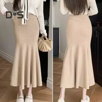 Юбка-рыбий хвост, эластичная юбка с высокой талией и запахом на бедрах, однотонная длинная трикотажная юбка для офиса и отдыха хаки