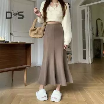 Юбка-рыбий хвост, эластичная юбка с высокой талией и оборками, длинная юбка, однотонная, с запахом на бедрах, офисная женская юбка, повседневная одежда L чёрный