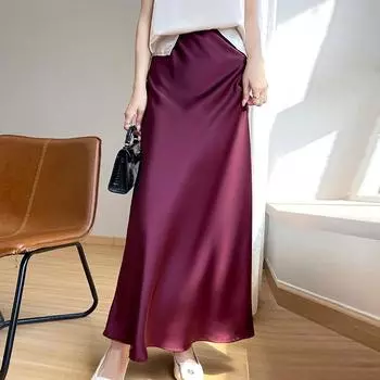 Юбка-рыбий хвост на бедрах: Юбка А-силуэта с завышенной талией из атласа весна/лето 2025 г. Large шампанского