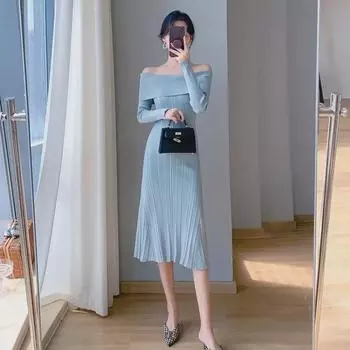 Юбка-рыбий хвост облегающего кроя осень/зима - трикотажное платье на одно плечо Medium абрикосовый