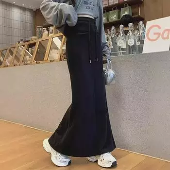 Юбка-рыбий хвост с высокой талией и завязками - Серый, Черный, А-силуэт, Осенняя мода Medium темно-серого