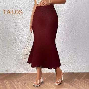 Юбка-рыбий хвост с высокой талией, облегающая юбка на бедрах, однотонная трикотажная юбка длиной до середины голени, облегающая юбка-миди на каждый день S вино красного